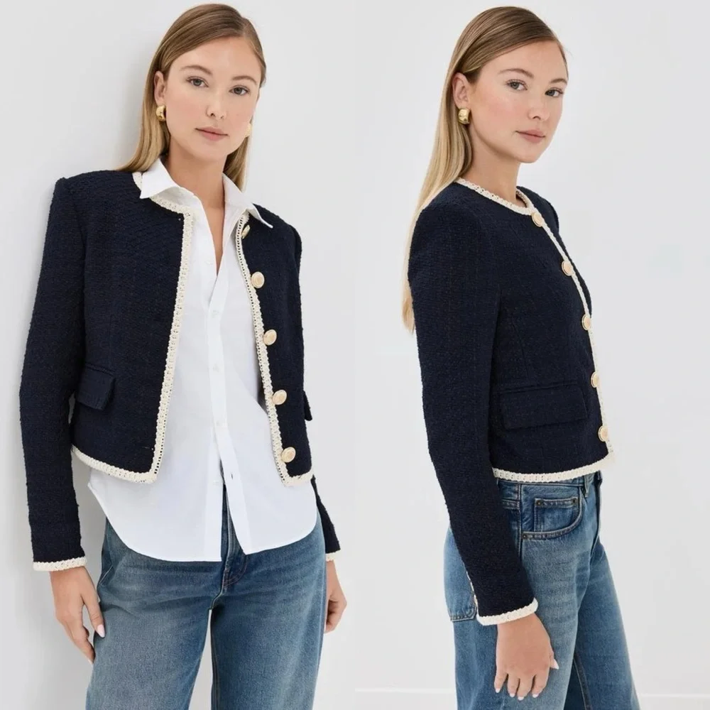 Veronica Beard Mabel Tweed Jacket Blazer Navy Ivory Trim Size 12 - Picture 13 of 16